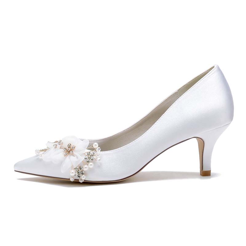 Kitten Heel Point Toe Slip On Wedding Shoes With Imitation Pearl