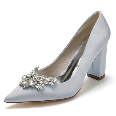 Chunky Heel Point Toe Slip On Wedding Shoes With Rhinestone