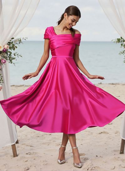 A-Line Asymmetrical Sleeveless Tea-Length Satin Bridesmaid Dresses