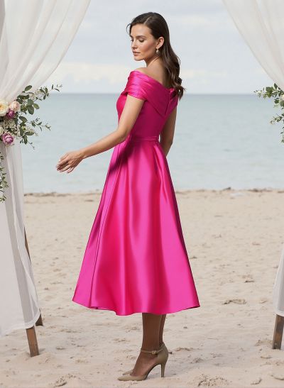 A-Line Asymmetrical Sleeveless Tea-Length Satin Bridesmaid Dresses