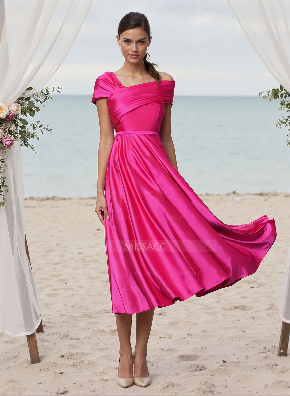 A-Line Asymmetrical Sleeveless Tea-Length Satin Bridesmaid Dresses