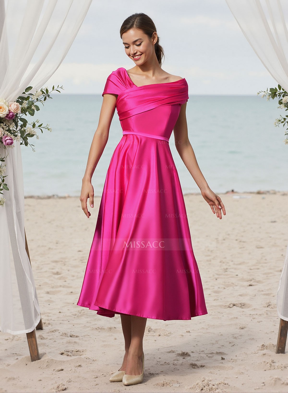 A-Line Asymmetrical Sleeveless Tea-Length Satin Bridesmaid Dresses