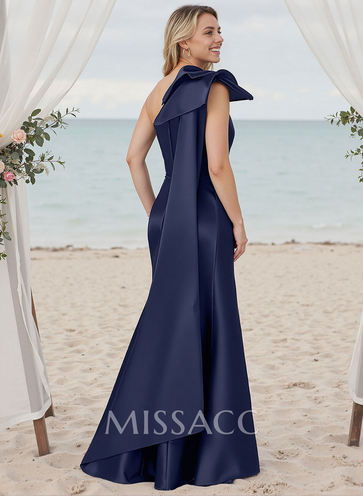 Trumpet/Mermaid One-Shoulder Sleeveless Satin Bridesmaid Dresses With Bow(s) Trumpet/Mermaid One-Shoulder Sleeveless Satin Bridesmaid Dresses With Bow(s)