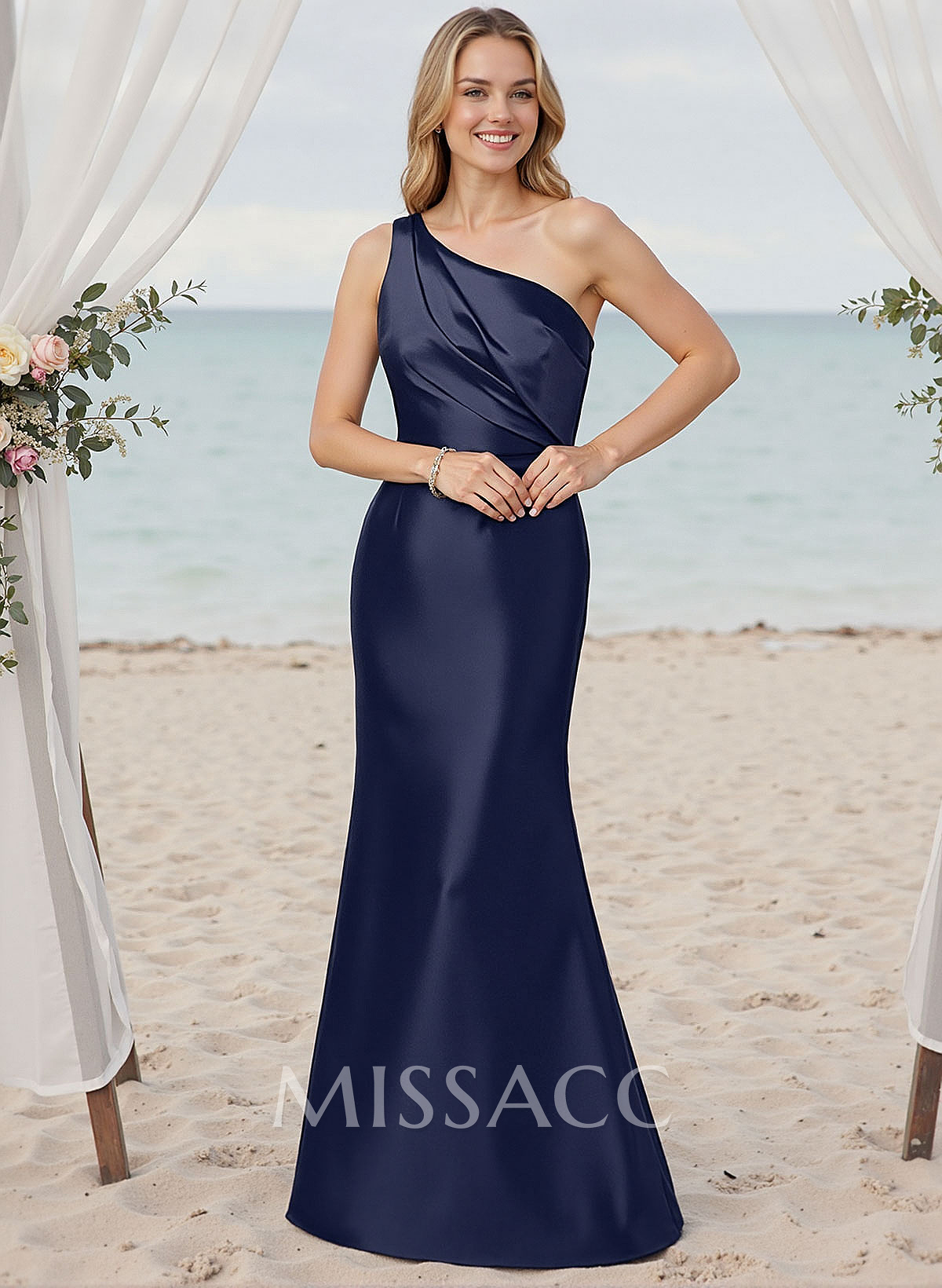 Trumpet/Mermaid One-Shoulder Sleeveless Satin Bridesmaid Dresses With Bow(s) Trumpet/Mermaid One-Shoulder Sleeveless Satin Bridesmaid Dresses With Bow(s)