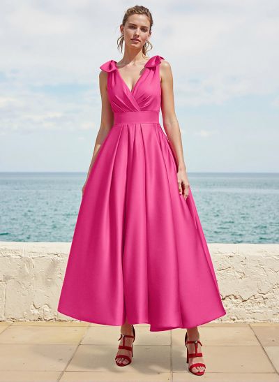 A-Line V-Neck Sleeveless Ankle-Length Satin Bridesmaid Dresses With Bow(s)