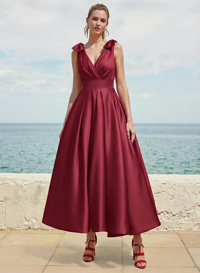 A-Line V-Neck Sleeveless Ankle-Length Satin Bridesmaid Dresses With Bow(s)