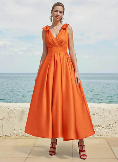 A-Line V-Neck Sleeveless Ankle-Length Satin Bridesmaid Dresses With Bow(s)