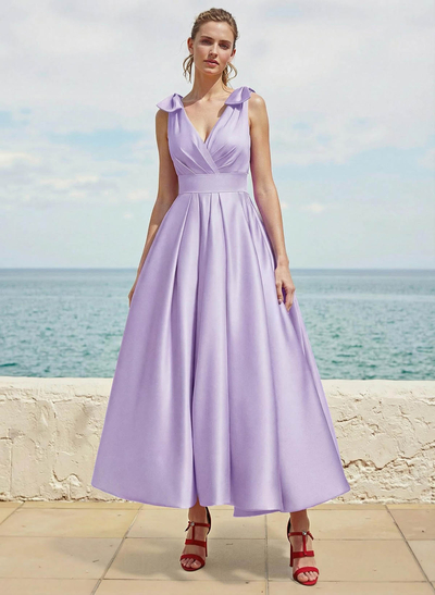 A-Line V-Neck Sleeveless Ankle-Length Satin Bridesmaid Dresses With Bow(s)