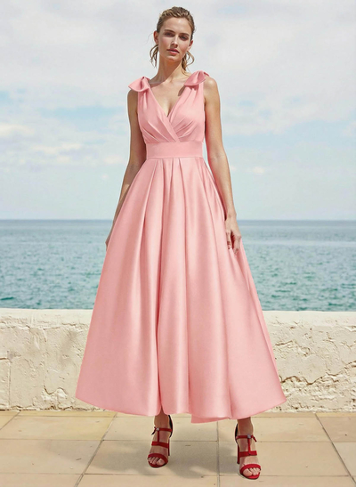 A-Line V-Neck Sleeveless Ankle-Length Satin Bridesmaid Dresses With Bow(s)
