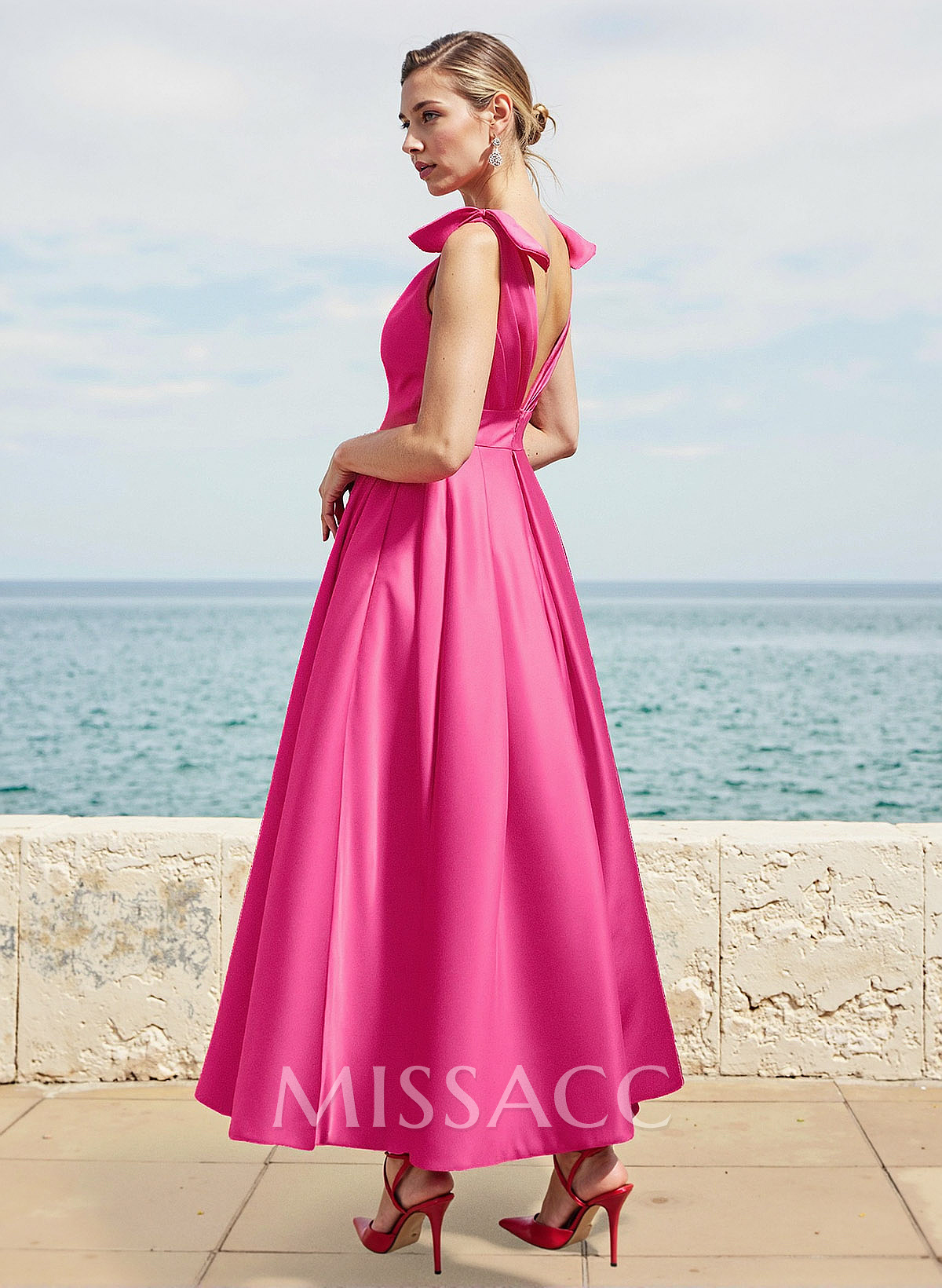 A-Line V-Neck Sleeveless Ankle-Length Satin Bridesmaid Dresses With Bow(s)