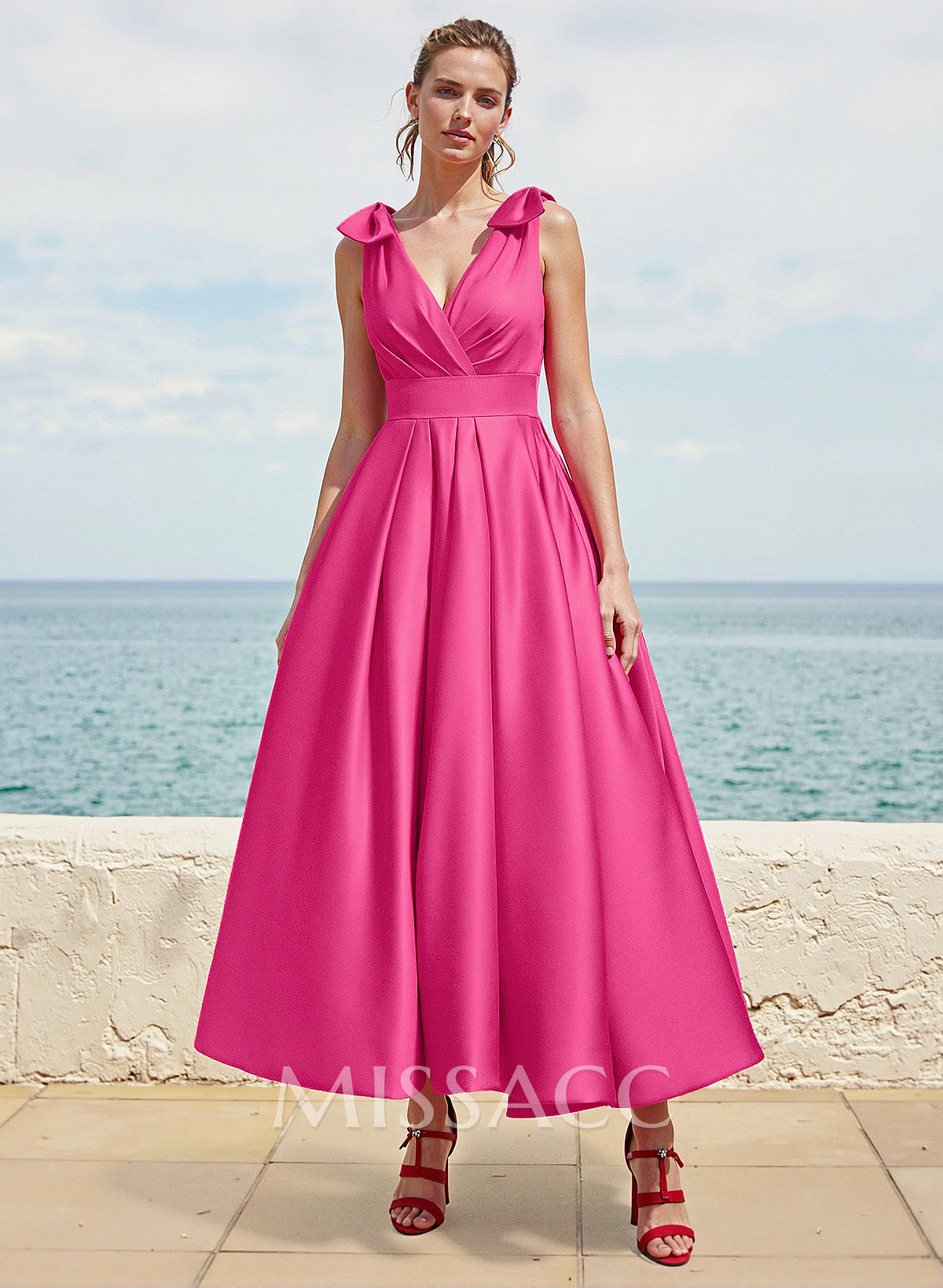 A-Line V-Neck Sleeveless Ankle-Length Satin Bridesmaid Dresses With Bow(s)