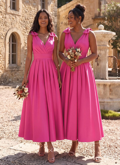 A-Line V-Neck Sleeveless Ankle-Length Satin Bridesmaid Dresses With Bow Detail