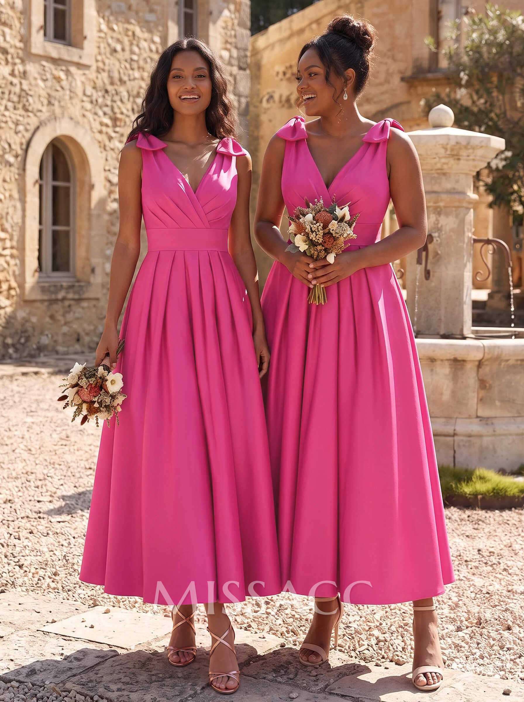 A-Line V-Neck Sleeveless Ankle-Length Satin Bridesmaid Dresses With Bow(s) A-Line V-Neck Sleeveless Ankle-Length Satin Bridesmaid Dresses With Bow(s)
