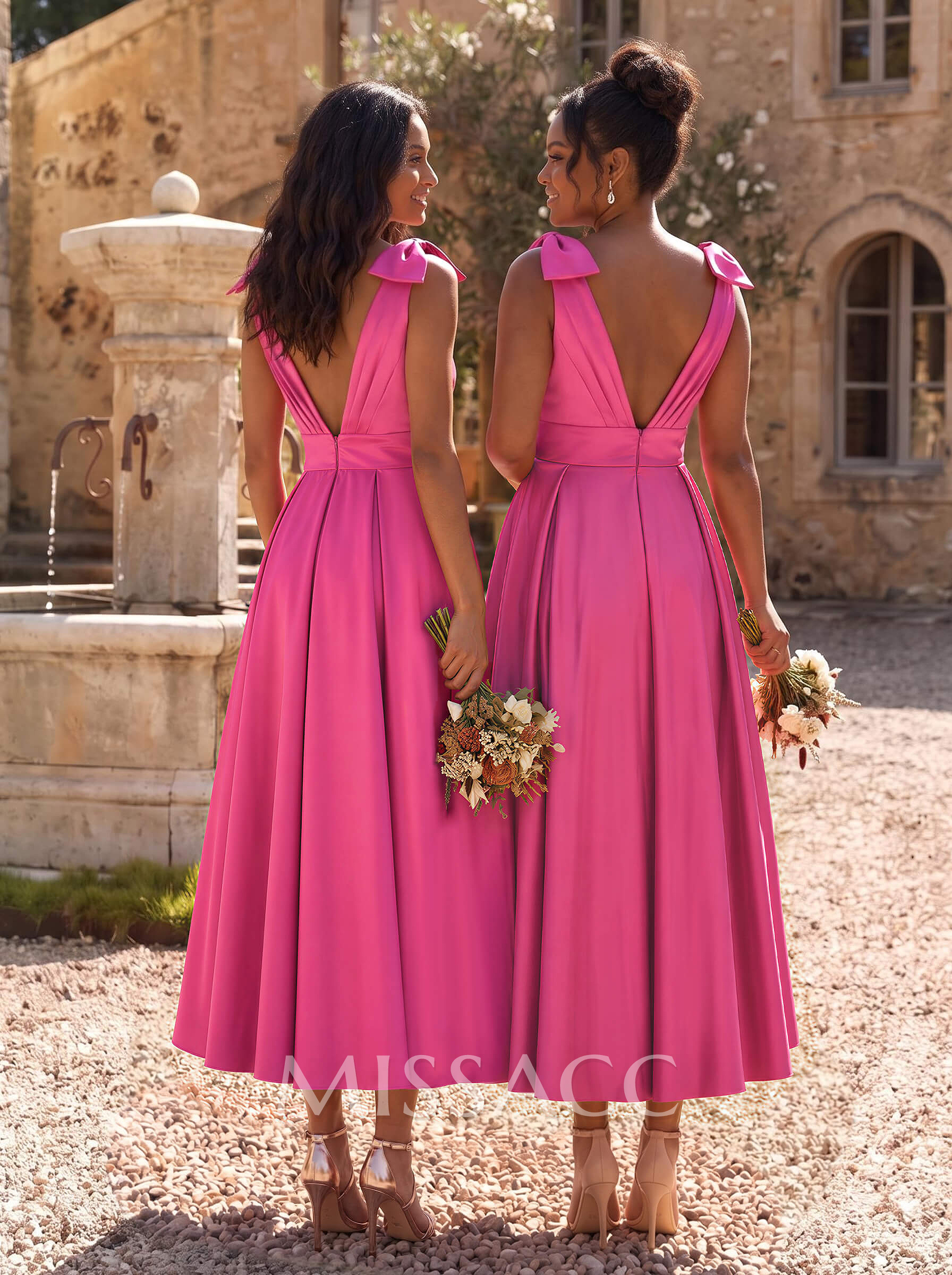A-Line V-Neck Sleeveless Ankle-Length Satin Bridesmaid Dresses With Bow(s) A-Line V-Neck Sleeveless Ankle-Length Satin Bridesmaid Dresses With Bow(s)