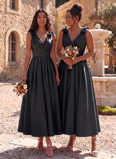 A-Line V-Neck Sleeveless Ankle-Length Satin Bridesmaid Dresses With Bow(s)