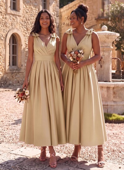 A-Line V-Neck Sleeveless Ankle-Length Satin Bridesmaid Dresses With Bow(s)