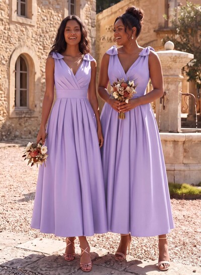 A-Line V-Neck Sleeveless Ankle-Length Satin Bridesmaid Dresses With Bow(s)