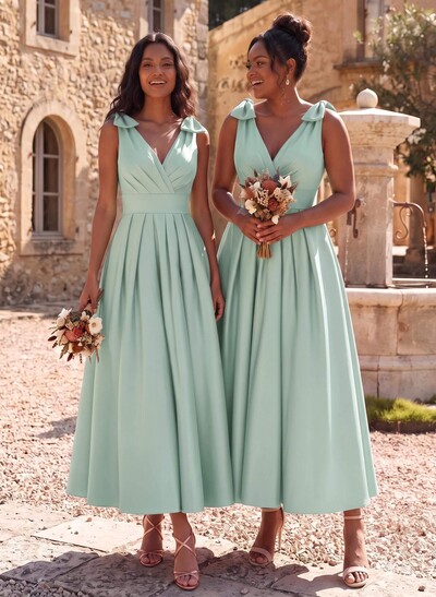 A-Line V-Neck Sleeveless Ankle-Length Satin Bridesmaid Dresses With Bow(s)