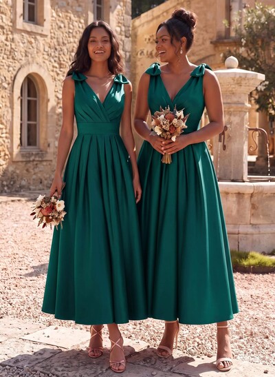 A-Line V-Neck Sleeveless Ankle-Length Satin Bridesmaid Dresses With Bow(s)