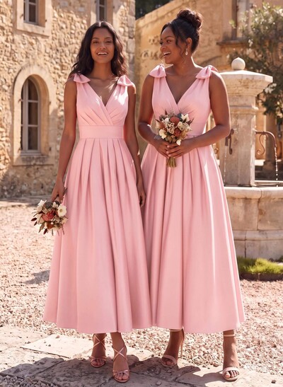 A-Line V-Neck Sleeveless Ankle-Length Satin Bridesmaid Dresses With Bow(s)