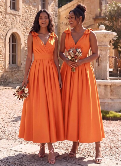 A-Line V-Neck Sleeveless Ankle-Length Satin Bridesmaid Dresses With Bow Detail