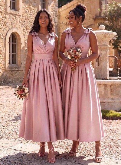 A-Line V-Neck Sleeveless Ankle-Length Satin Bridesmaid Dresses With Bow(s)