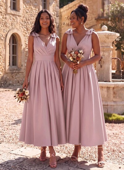 A-Line V-Neck Sleeveless Ankle-Length Satin Bridesmaid Dresses With Bow(s)