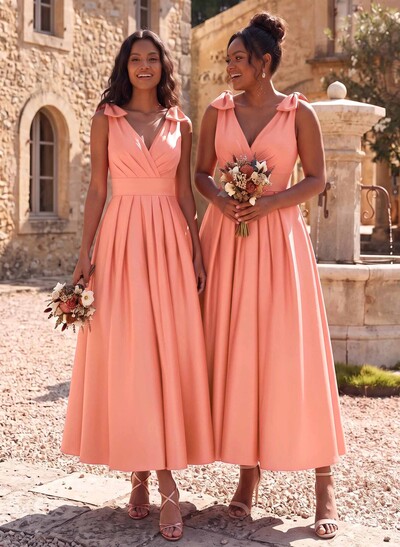 A-Line V-Neck Sleeveless Ankle-Length Satin Bridesmaid Dresses With Bow(s)