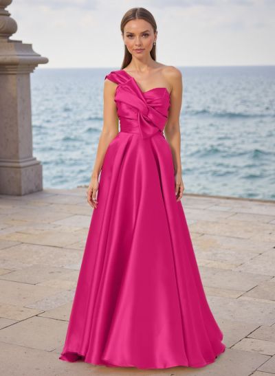 A-Line One-Shoulder Sleeveless Sweep Train Satin Bridesmaid Dresses