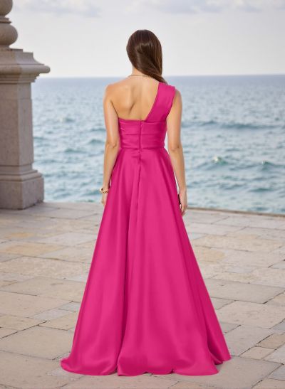 A-Line One-Shoulder Sleeveless Sweep Train Satin Bridesmaid Dresses