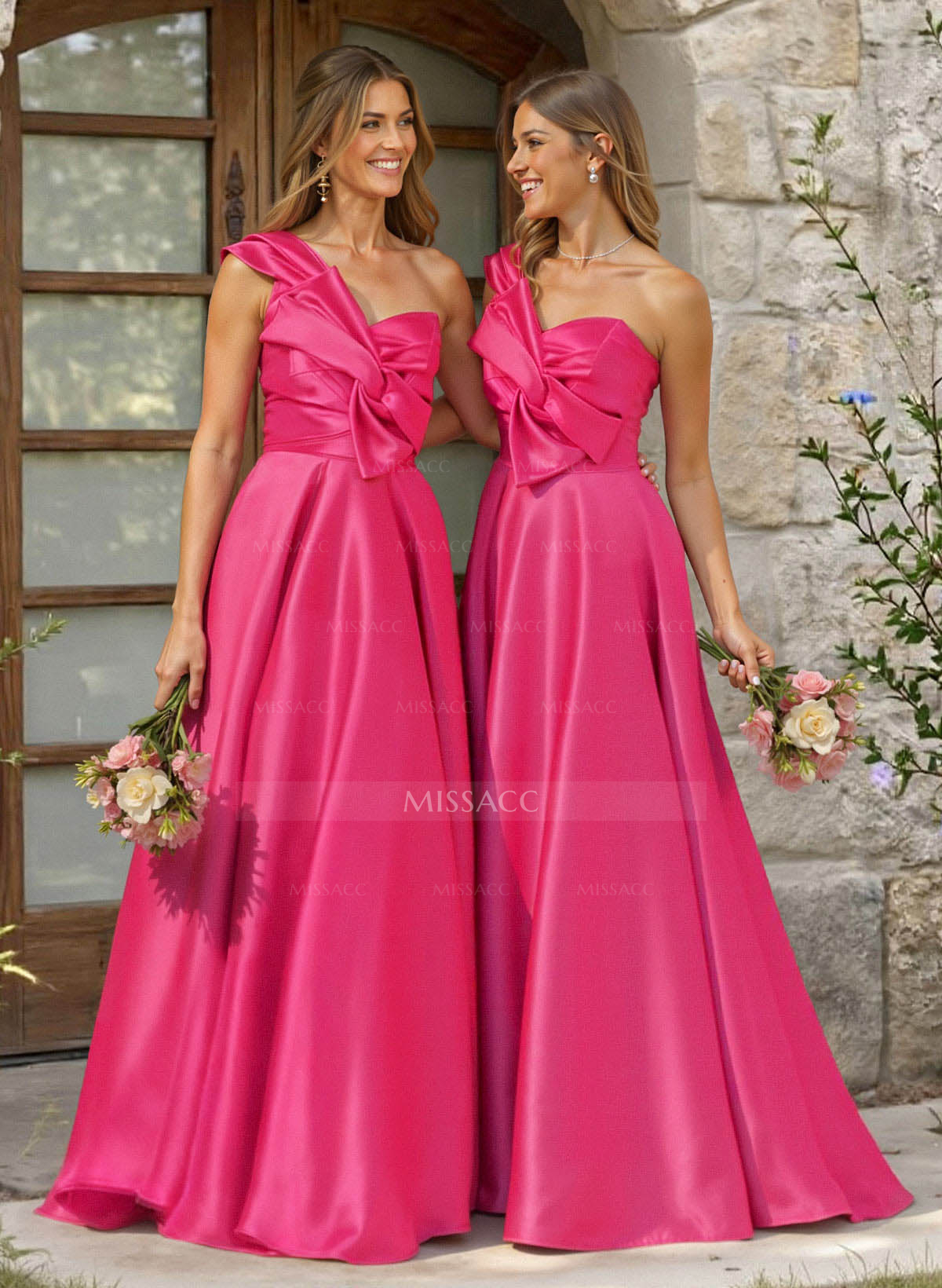 A-Line One-Shoulder Sleeveless Sweep Train Satin Bridesmaid Dresses