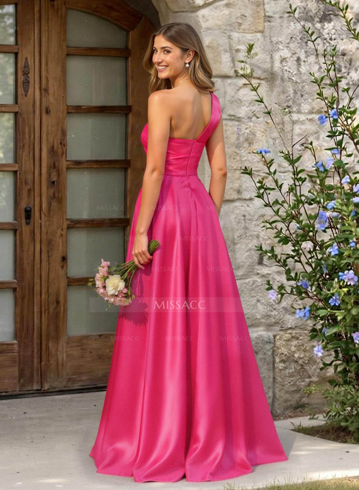 A-Line One-Shoulder Sleeveless Sweep Train Satin Bridesmaid Dresses