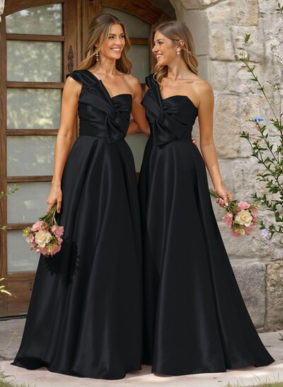 A-Line One-Shoulder Sleeveless Sweep Train Satin Bridesmaid Dresses