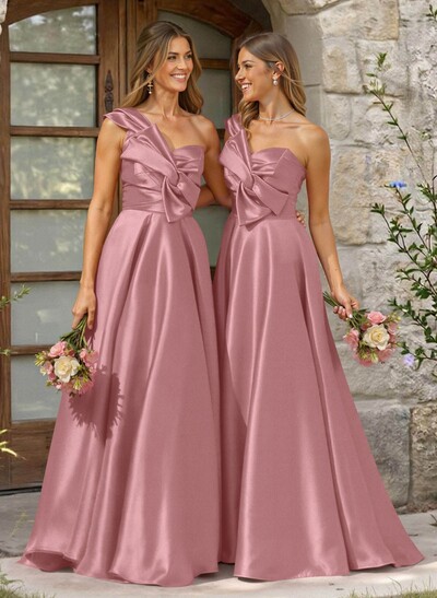 A-Line One-Shoulder Sleeveless Sweep Train Satin Bridesmaid Dresses