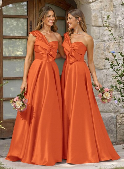 A-Line One-Shoulder Sleeveless Sweep Train Satin Bridesmaid Dresses
