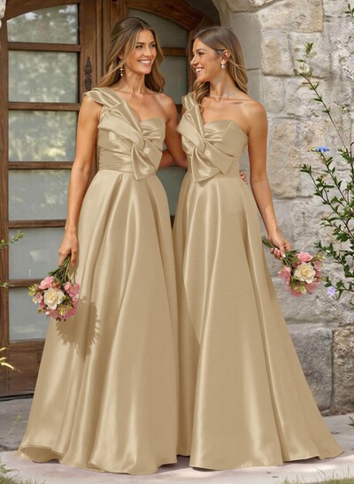 A-Line One-Shoulder Sleeveless Sweep Train Satin Bridesmaid Dresses