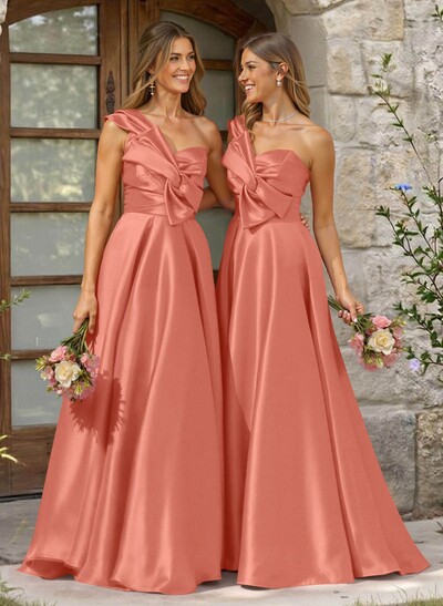 A-Line One-Shoulder Sleeveless Sweep Train Satin Bridesmaid Dresses