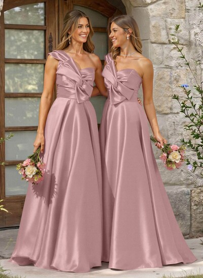 A-Line One-Shoulder Sleeveless Sweep Train Satin Bridesmaid Dresses