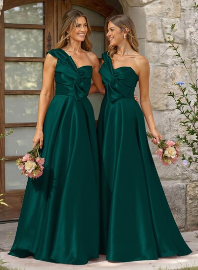 A-Line One-Shoulder Sleeveless Sweep Train Satin Bridesmaid Dresses