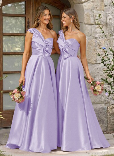 A-Line One-Shoulder Sleeveless Sweep Train Satin Bridesmaid Dresses