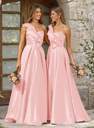 A-Line One-Shoulder Sleeveless Sweep Train Satin Bridesmaid Dresses