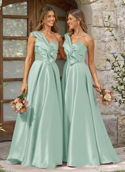 A-Line One-Shoulder Sleeveless Sweep Train Satin Bridesmaid Dresses