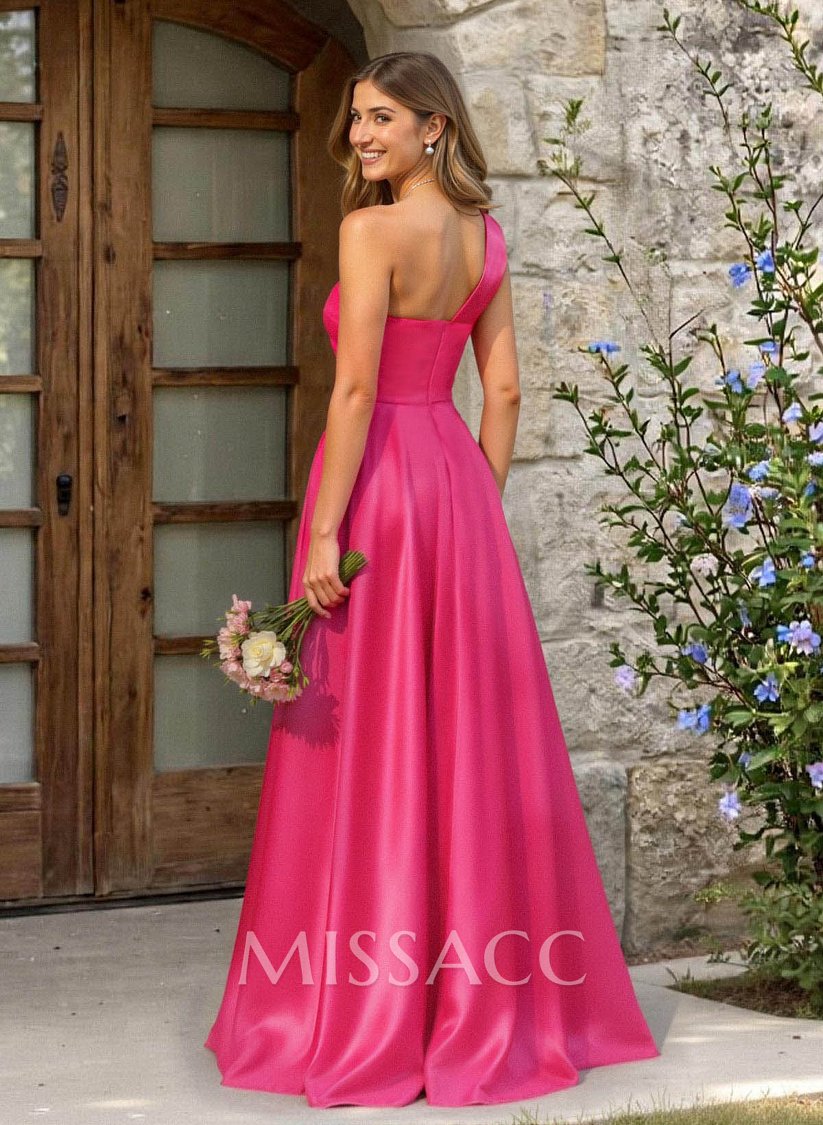 A-Line One-Shoulder Sleeveless Floor-Length Satin Bridesmaid Dresses With