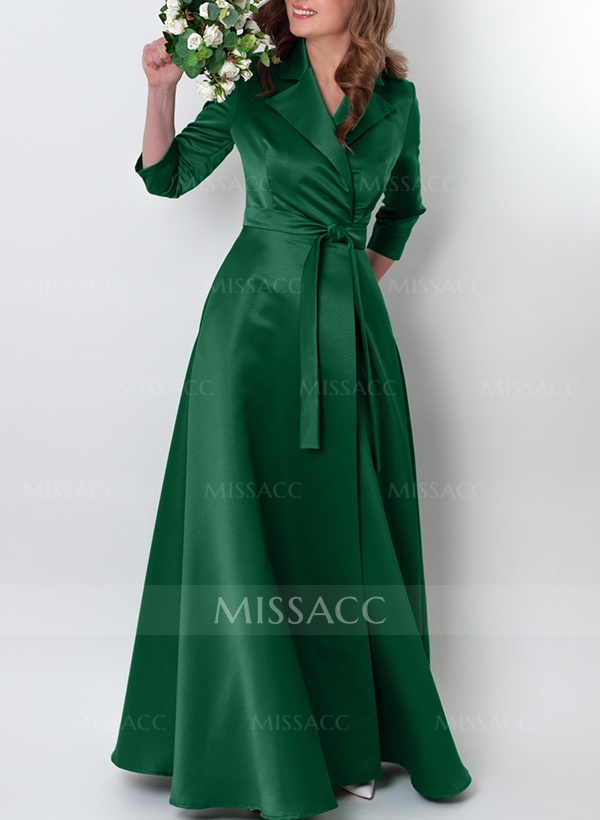 A-Line V-Neck 3/4 Sleeves Floor-Length Satin Bridesmaid Dresses With Sash