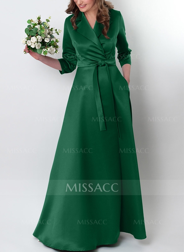 A-Line V-Neck 3/4 Sleeves Floor-Length Satin Bridesmaid Dresses With Sash