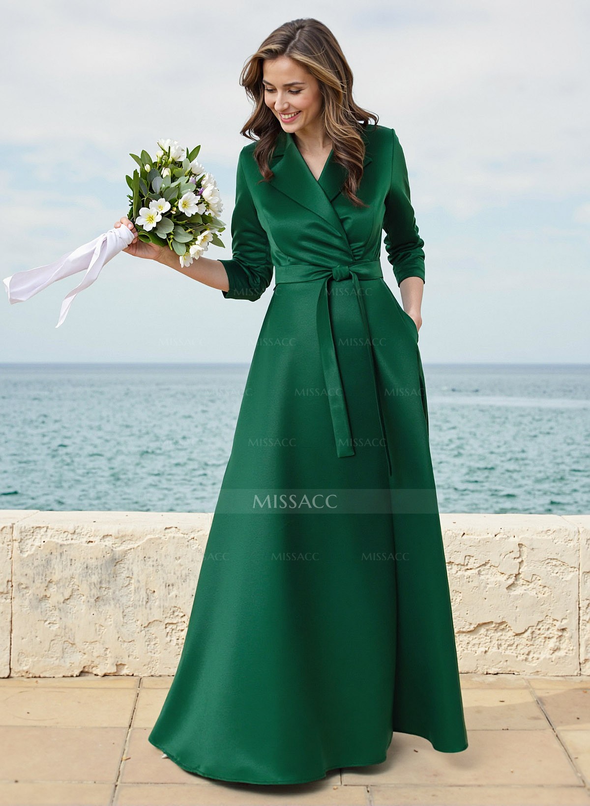 A-Line V-Neck 3/4 Sleeves Floor-Length Satin Bridesmaid Dresses With Sash