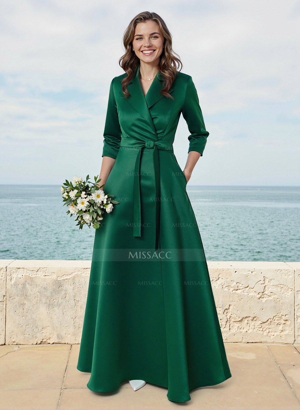 A-Line V-Neck 3/4 Sleeves Floor-Length Satin Bridesmaid Dresses With Sash