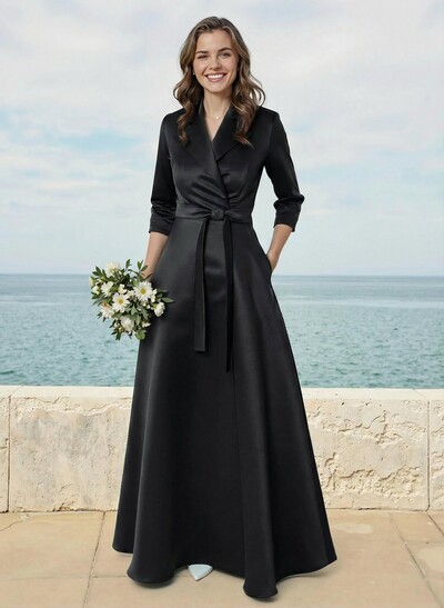 A-Line V-Neck 3/4 Sleeves Floor-Length Satin Bridesmaid Dresses With Sash
