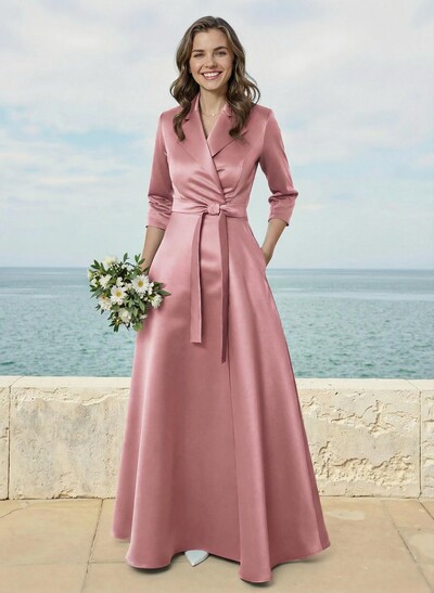 A-Line V-Neck 3/4 Sleeves Floor-Length Satin Bridesmaid Dresses With Sash