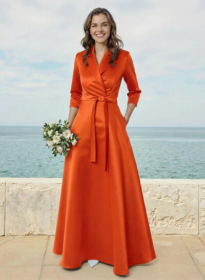 A-Line V-Neck 3/4 Sleeves Floor-Length Satin Bridesmaid Dresses With Sash